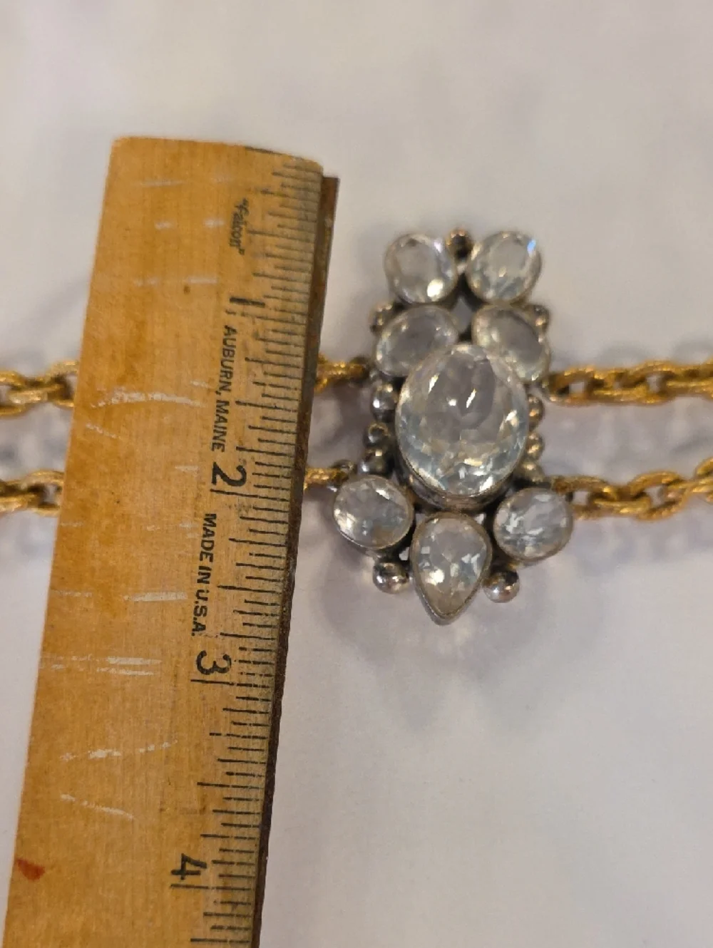 Gold-Tone Vintahe Crystal Statement Necklace - Clear Crystal Pendant - Picture 7 of 8